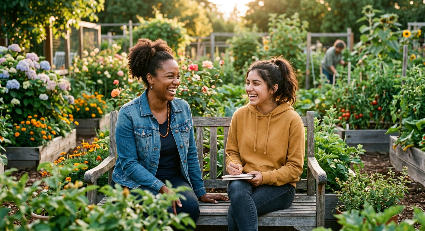 An adult mentor talking and laughing with a teenage student